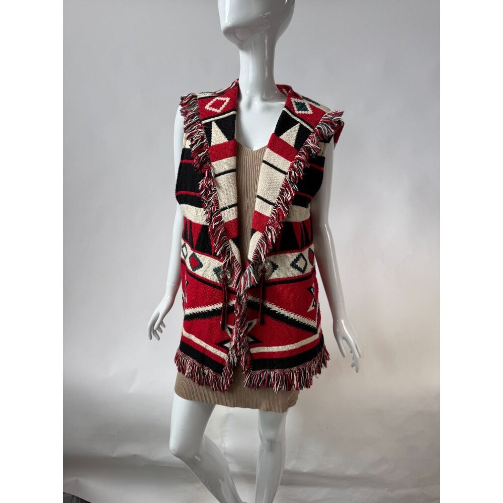 Vintage Southwestern-Inspired Wool Blend Sleeveless Fringe Vest With Silver Conc